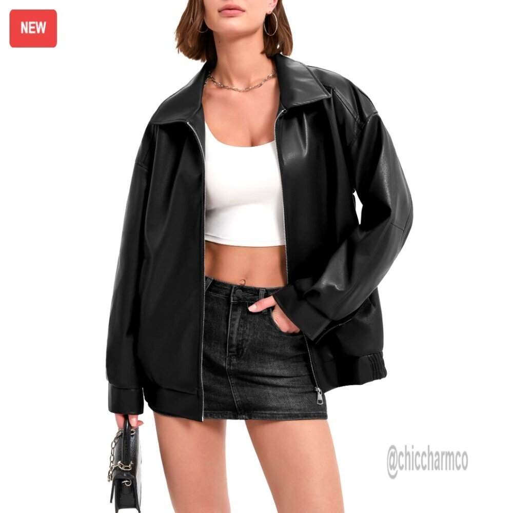 Oversized Faux Leather Bomber Jacket Y2K Street Style Motorcycle Chic